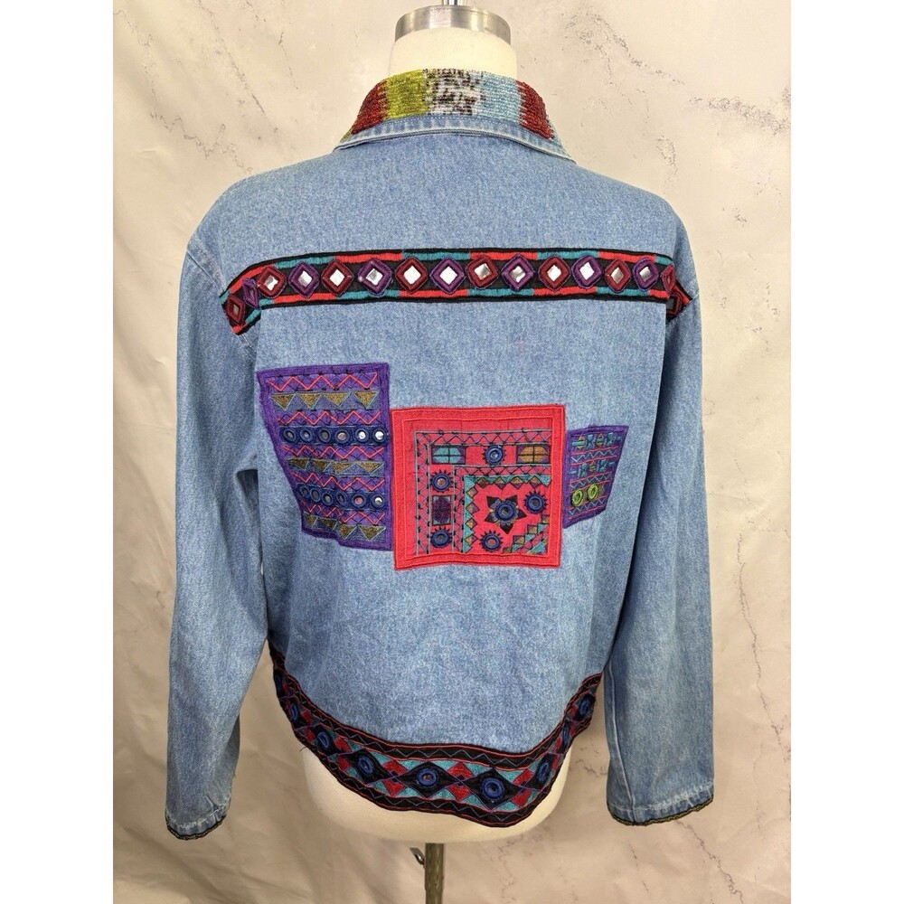 Vintage 90s Patchwork Denim Jacket M Beaded Collar Southwestern Concho Artsy L - Picture 2 of 16